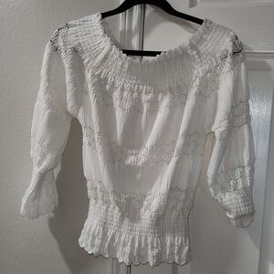 Chocolate USA Women’s M White Smocked Peasant Blouse Stretchy Textured Top